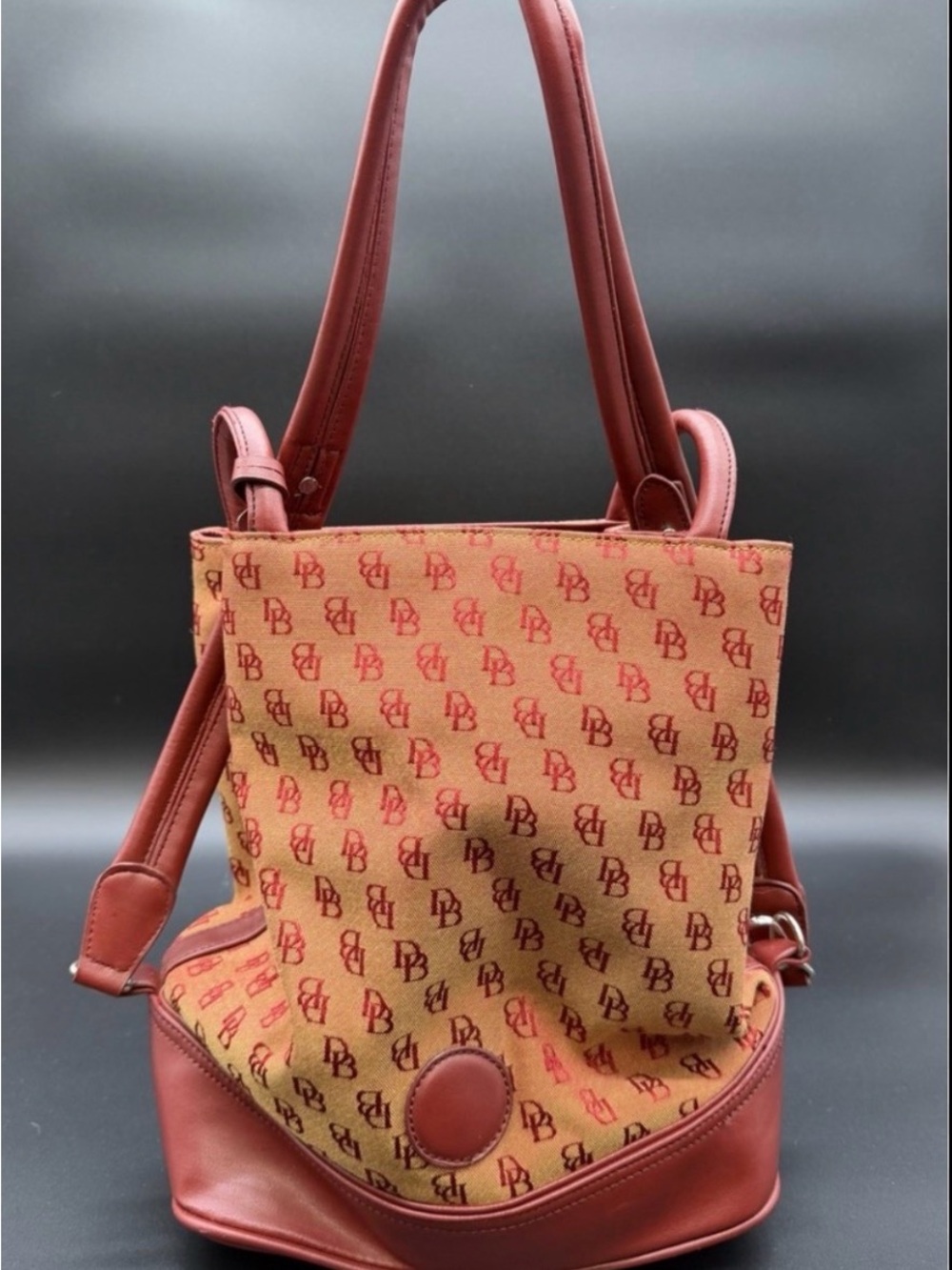 Dooney & Bourke Red and Brown Monogram Bucket Shoulder Bag